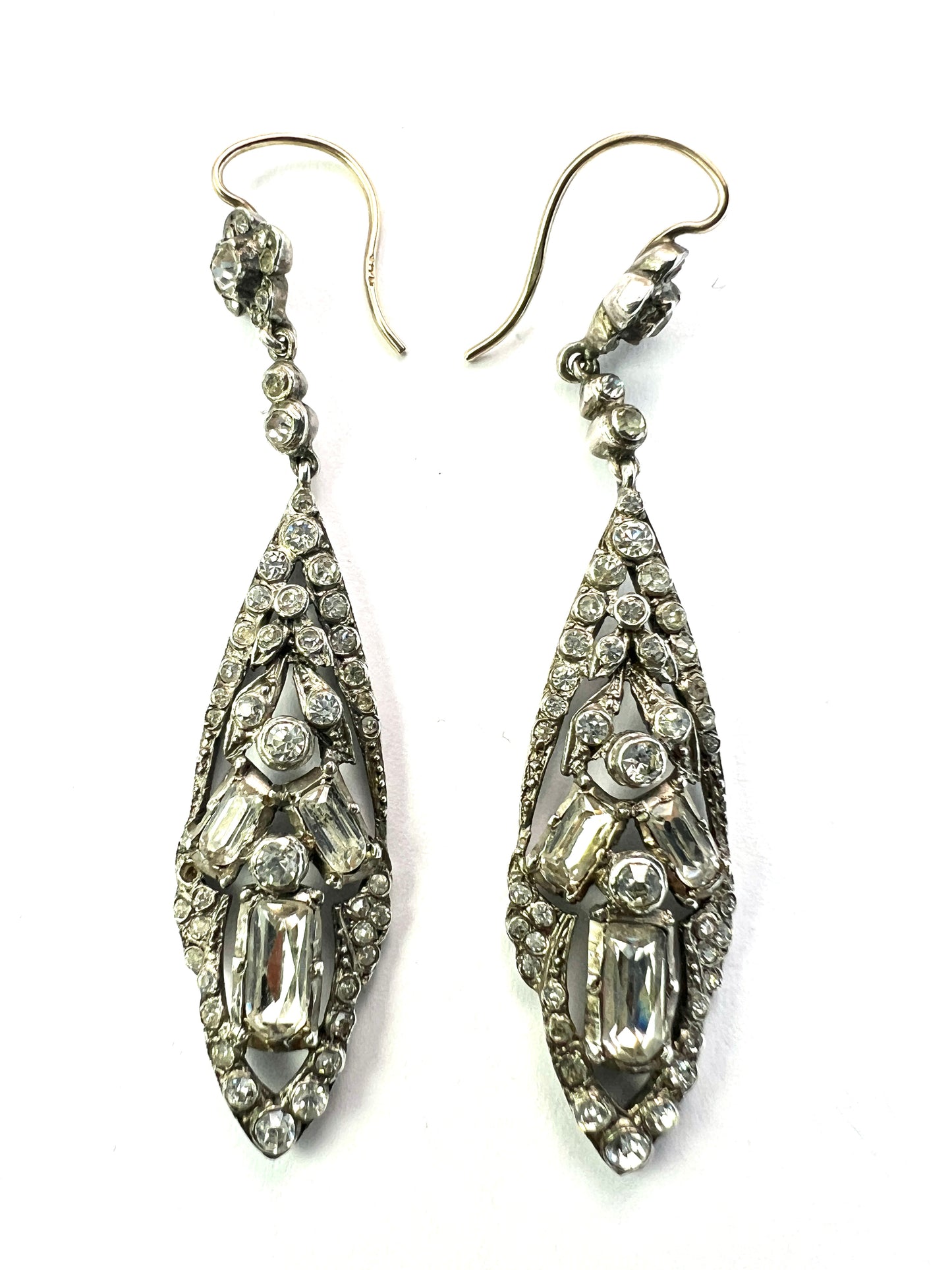 Antique Gold and Silver Baguette Paste Drop Earrings