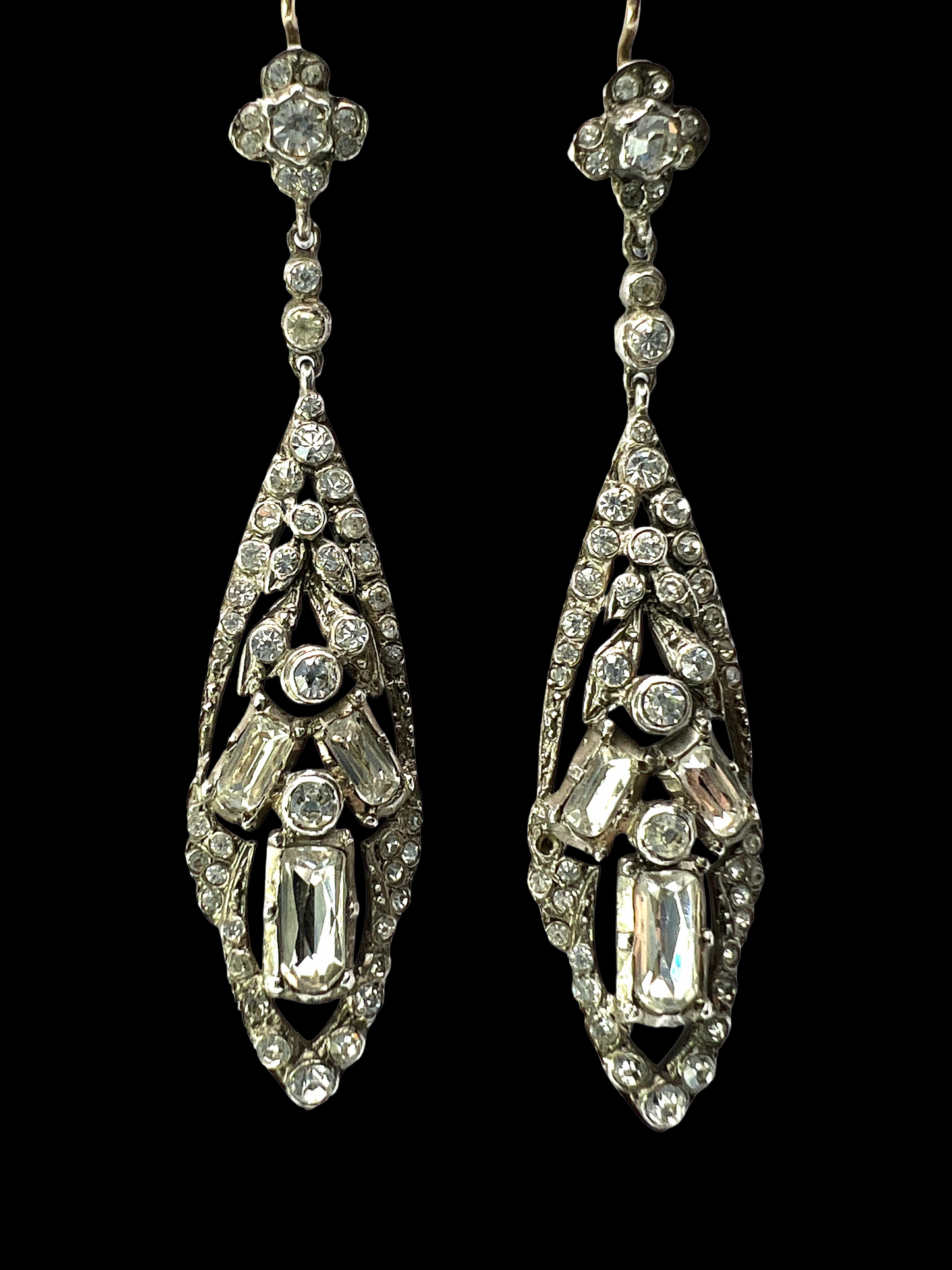 Antique Gold and Silver Baguette Paste Drop Earrings