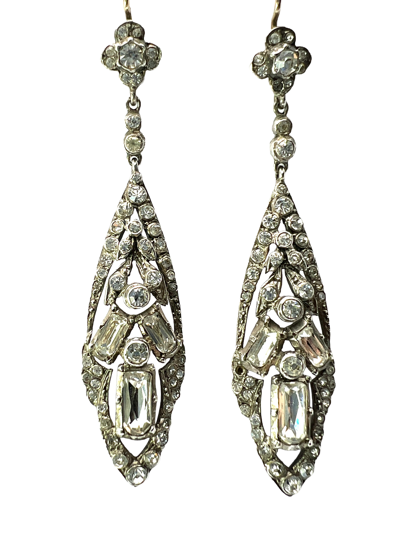Antique Gold and Silver Baguette Paste Drop Earrings