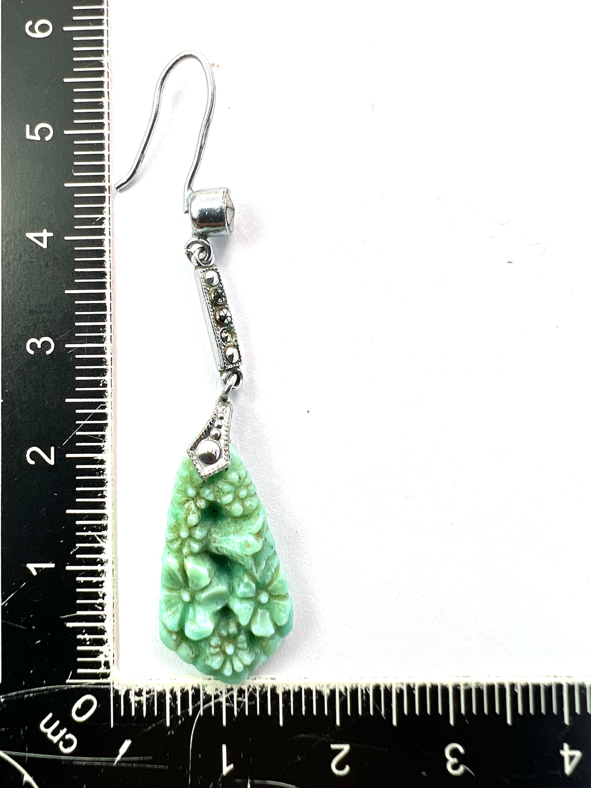 Art Deco Marcasite Jade Glass Flower Drop Earrings