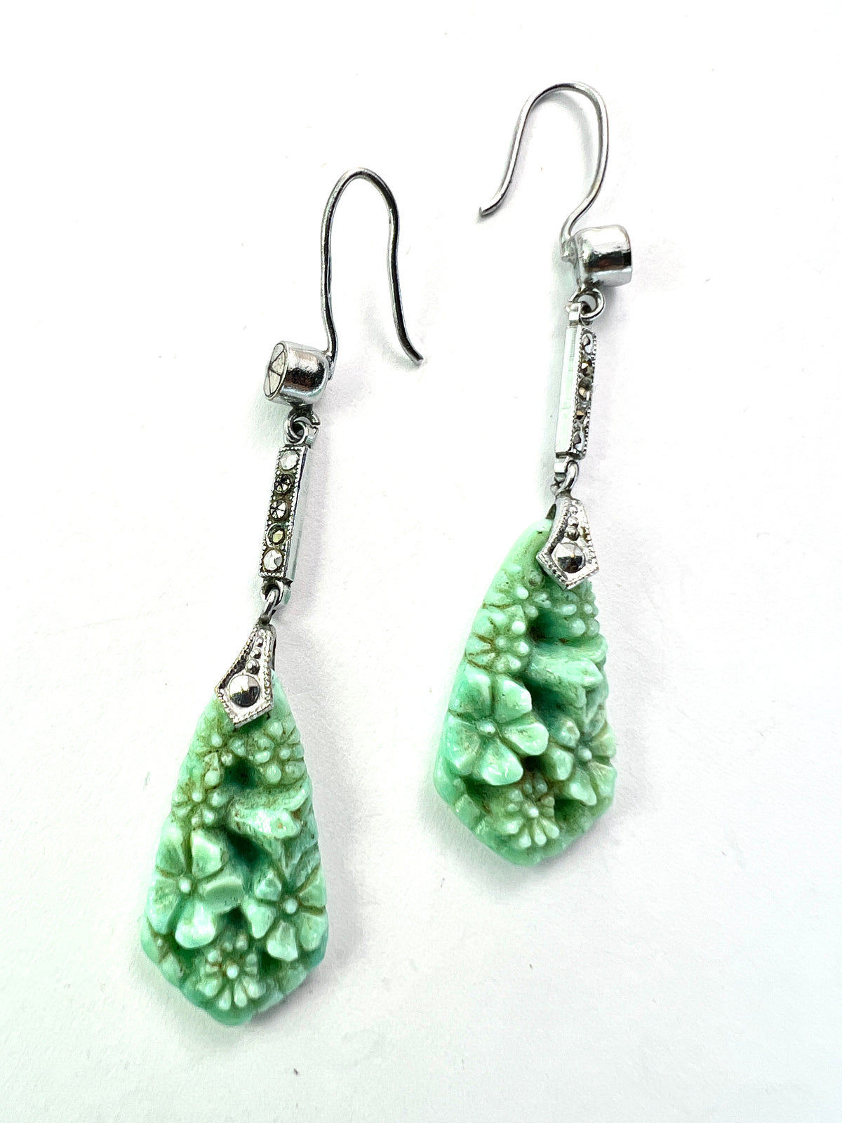Art Deco Marcasite Jade Glass Flower Drop Earrings