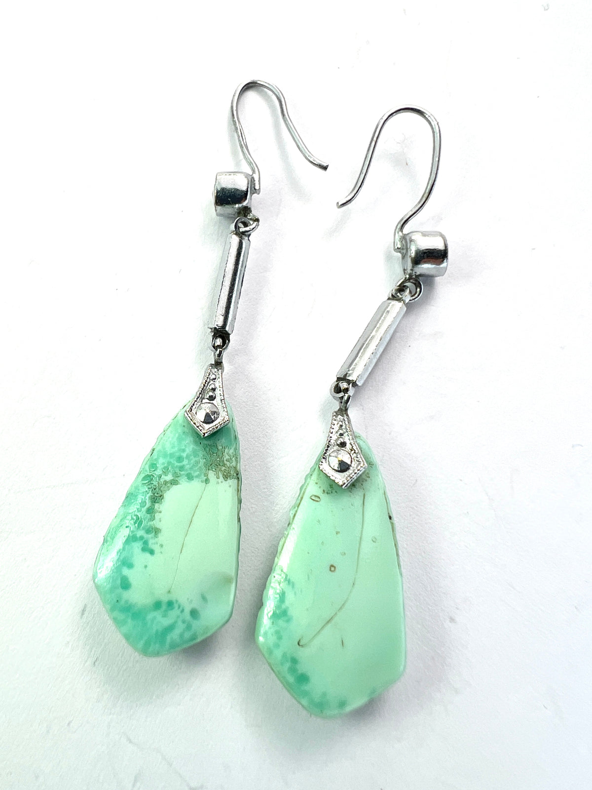 Art Deco Marcasite Jade Glass Flower Drop Earrings