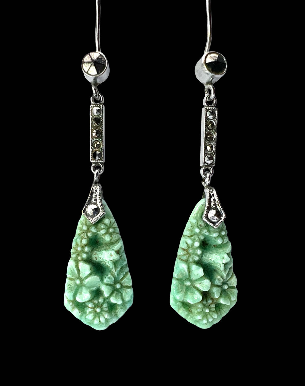 Art Deco Marcasite Jade Glass Flower Drop Earrings