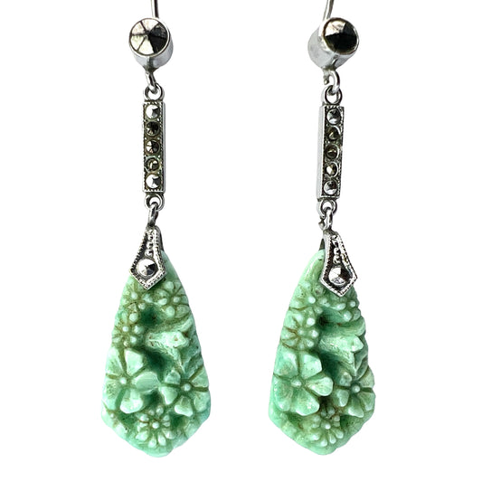 Art Deco Marcasite Jade Glass Flower Drop Earrings