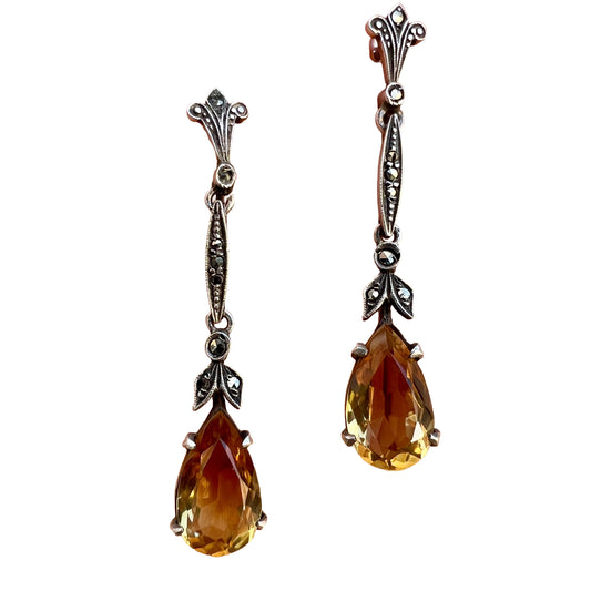 Vintage Citrine Teardrop Marcasite Earrings