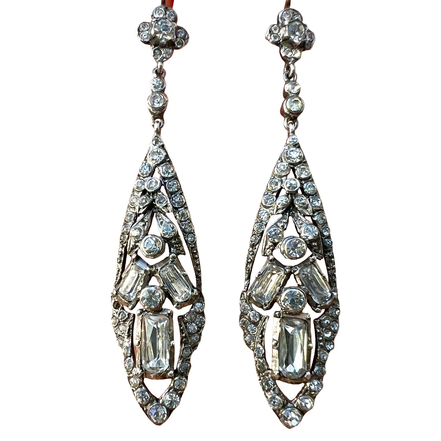 Antique Gold and Silver Baguette Paste Drop Earrings