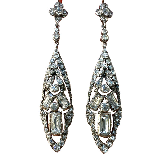 Antique Gold and Silver Baguette Paste Drop Earrings