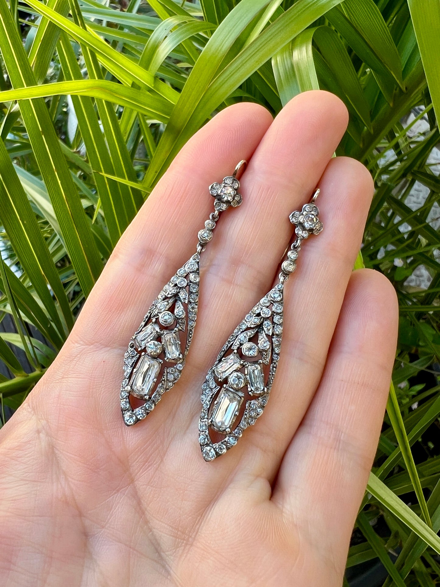 Antique Gold and Silver Baguette Paste Drop Earrings