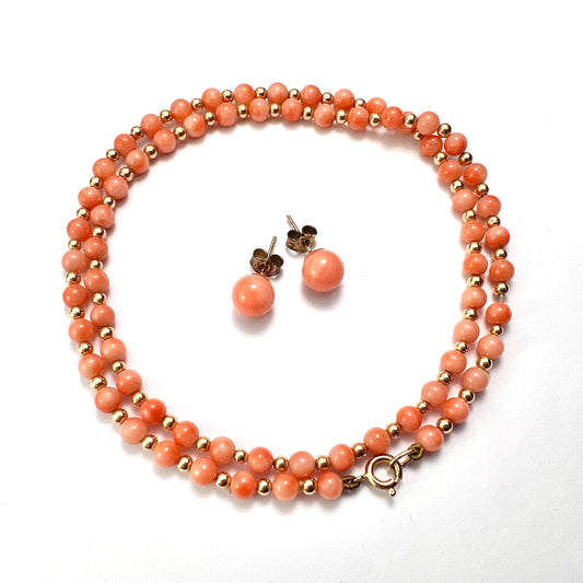 Vintage 9CT Gold Coral Bead Necklace and Stud Earrings