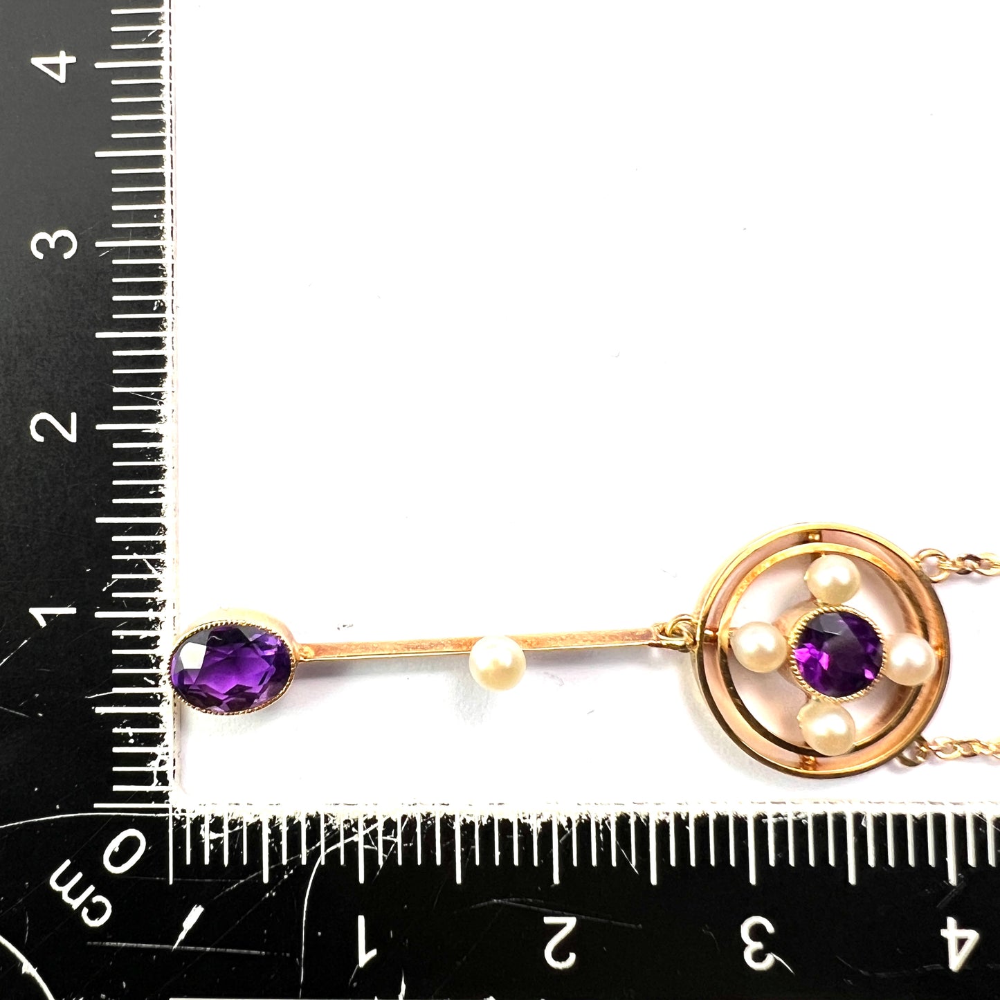 Edwardian 15CT Gold Amethyst Pearl Lavalier Pendant Necklace