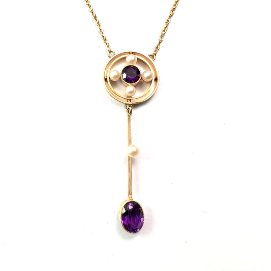 Edwardian 15CT Gold Amethyst Pearl Lavalier Pendant Necklace