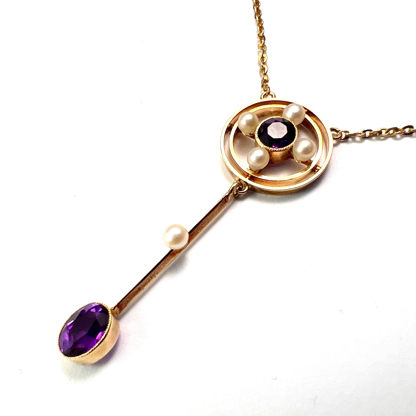 Edwardian 15CT Gold Amethyst Pearl Lavalier Pendant Necklace
