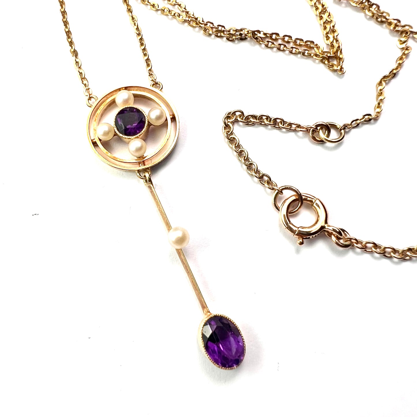 Edwardian 15CT Gold Amethyst Pearl Lavalier Pendant Necklace