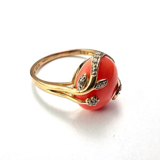 Vintage Coral and Diamond 9CT Gold Oval Ring