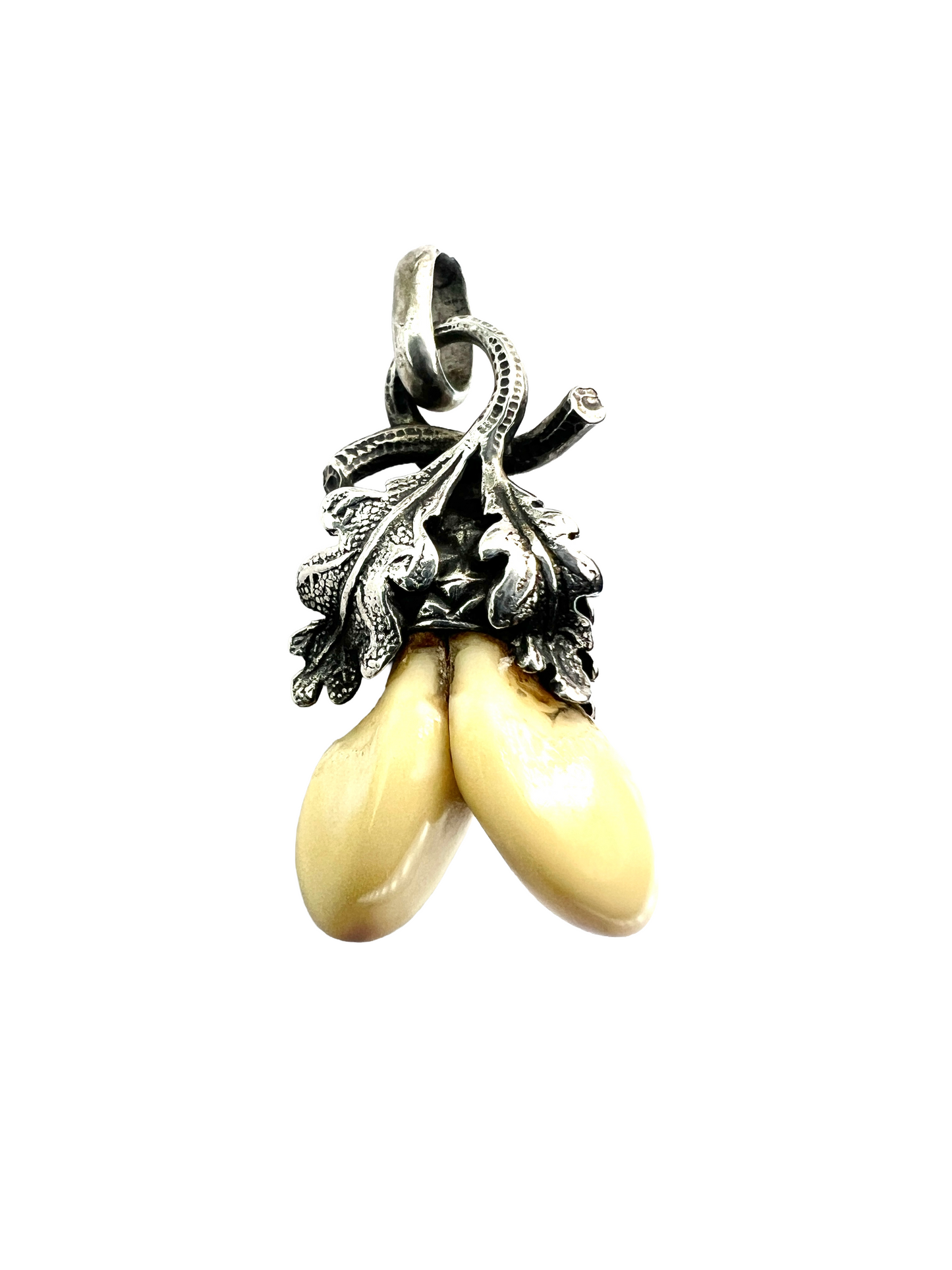 Vintage Silver German Deer Teeth Oak Leaves Pendant