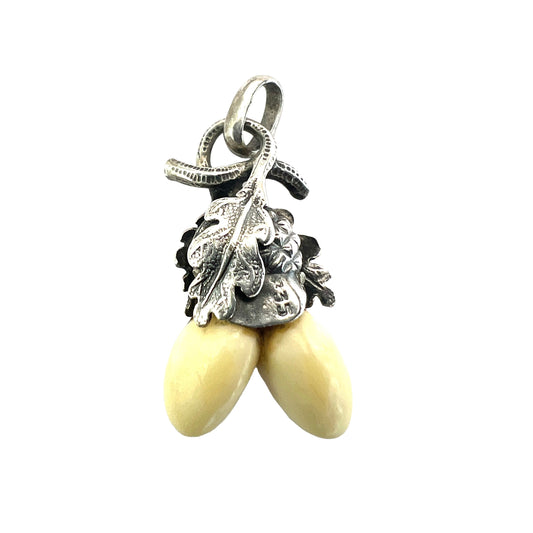Vintage Silver German Deer Teeth Oak Leaves Pendant