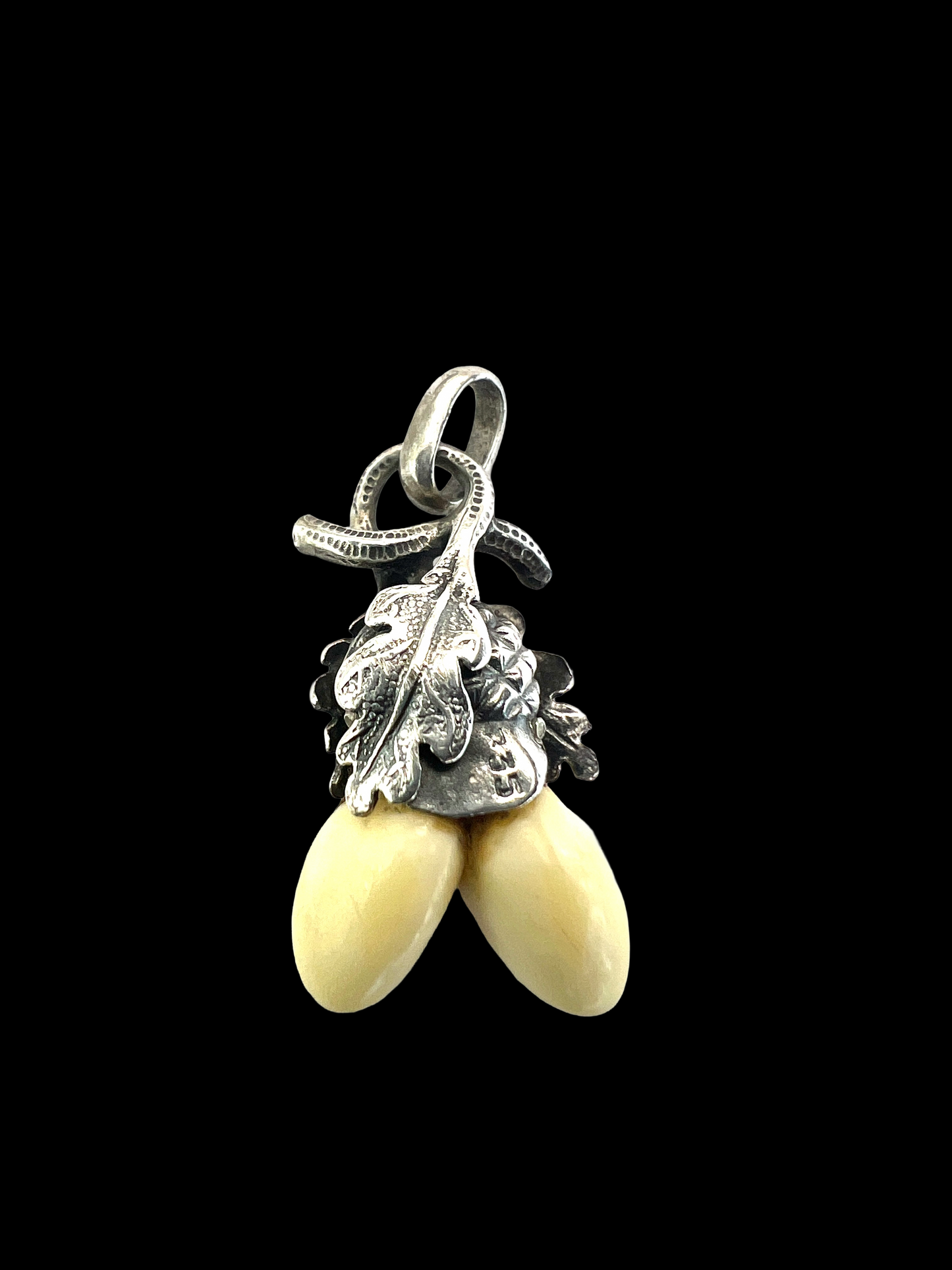 Vintage Silver German Deer Teeth Oak Leaves Pendant