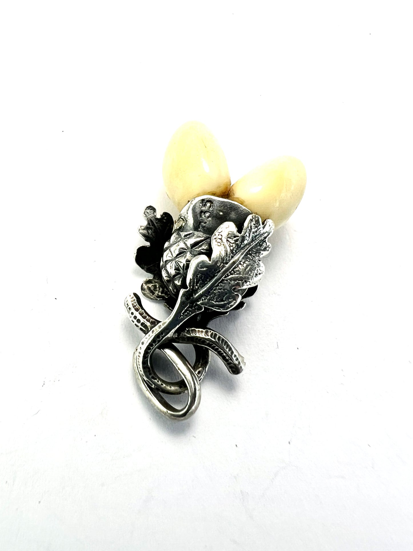 Vintage Silver German Deer Teeth Oak Leaves Pendant