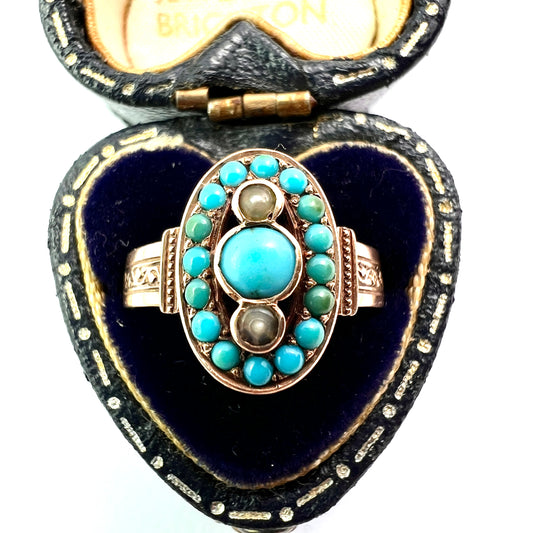 Victorian Turquoise and Pearl Ring 14CT Gold