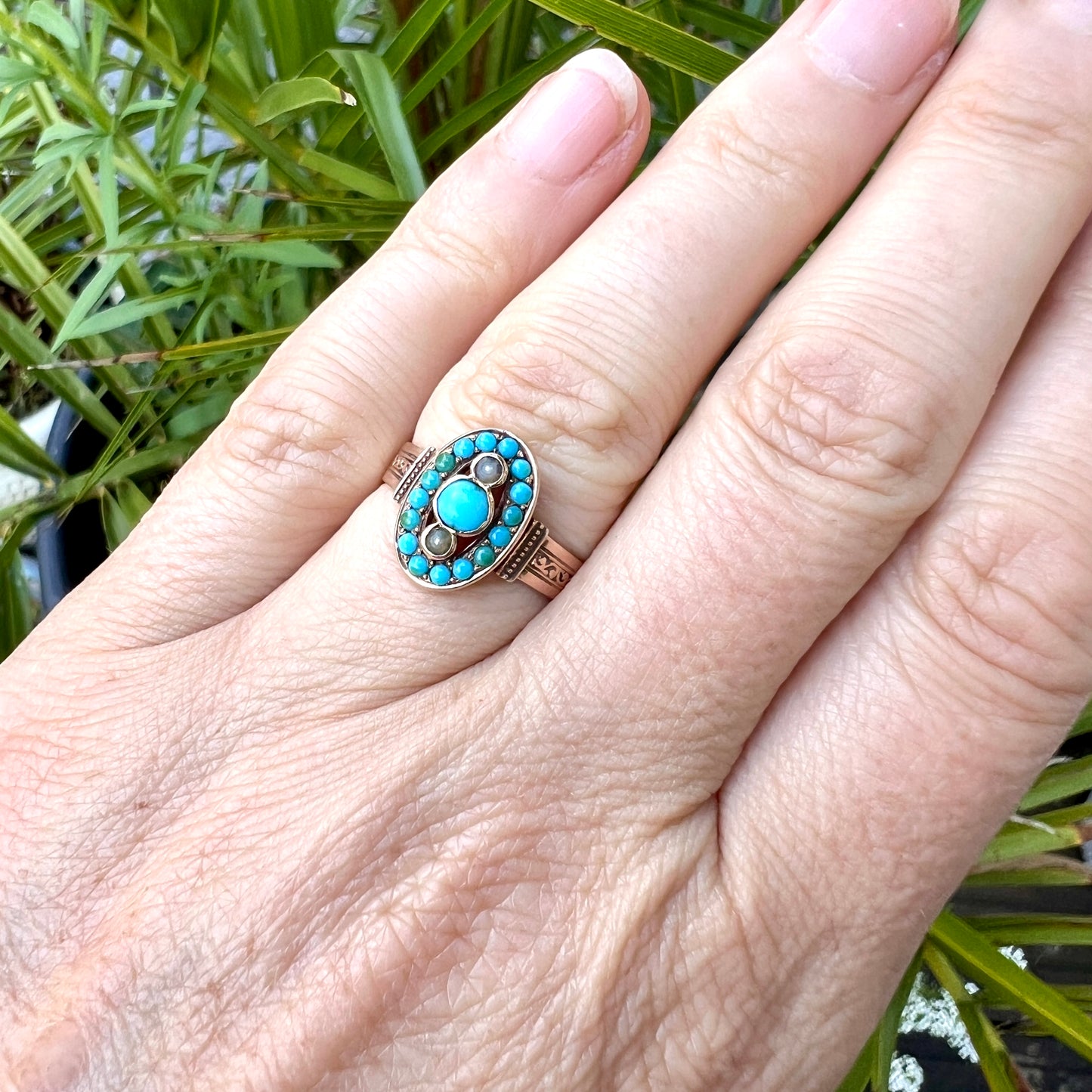 Victorian Turquoise and Pearl Ring 14CT Gold