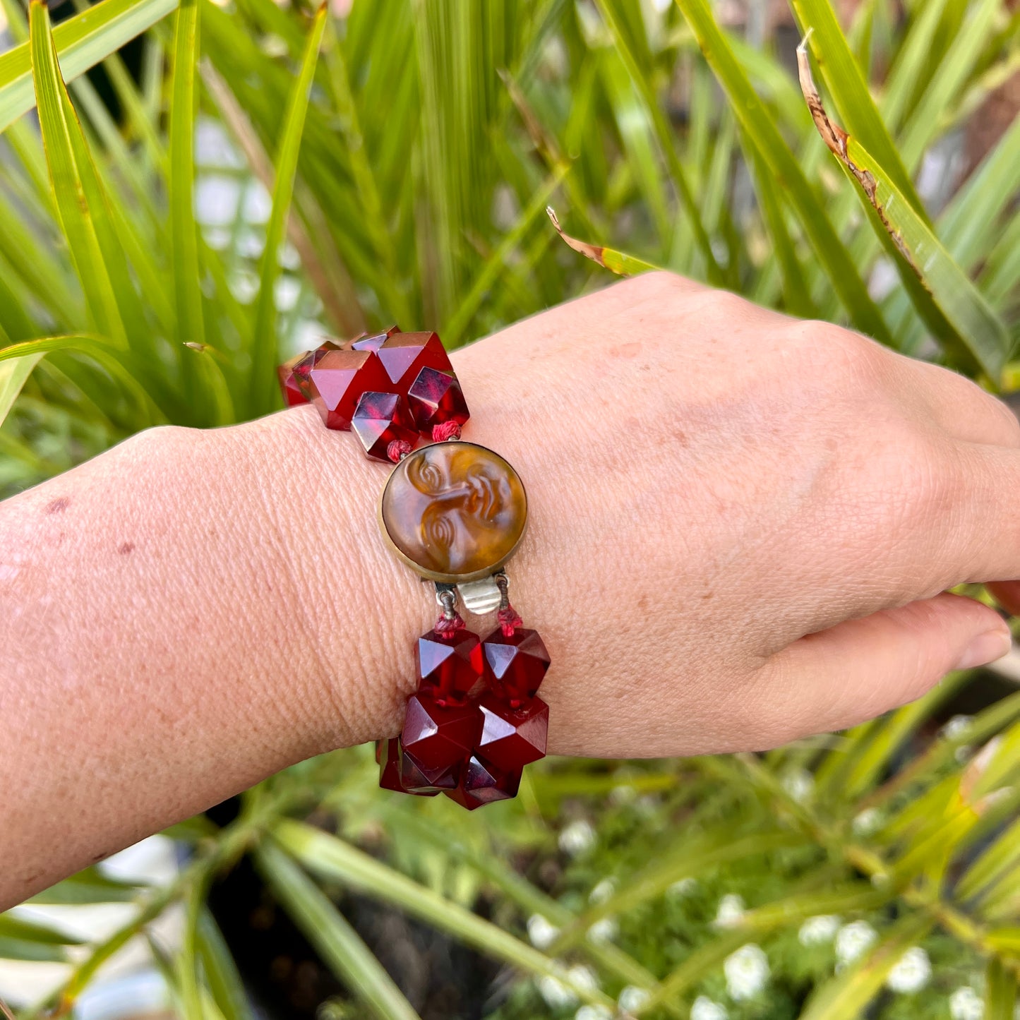 Vintage Man in the Moon Cherry Amber Resin Bracelet
