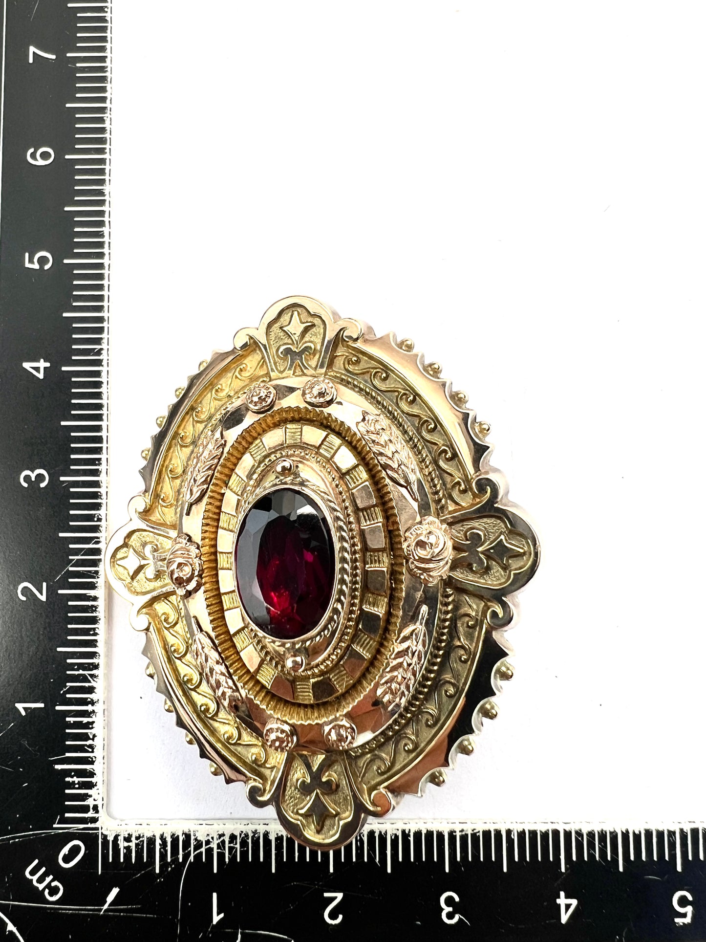 Large Victorian Gold Garnet Etruscan Revival Locket Brooch