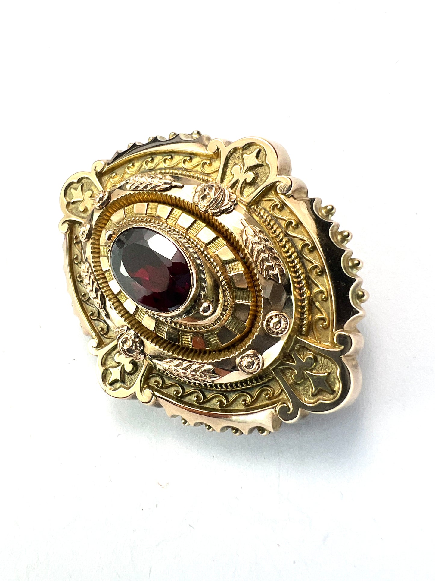 Large Victorian Gold Garnet Etruscan Revival Locket Brooch