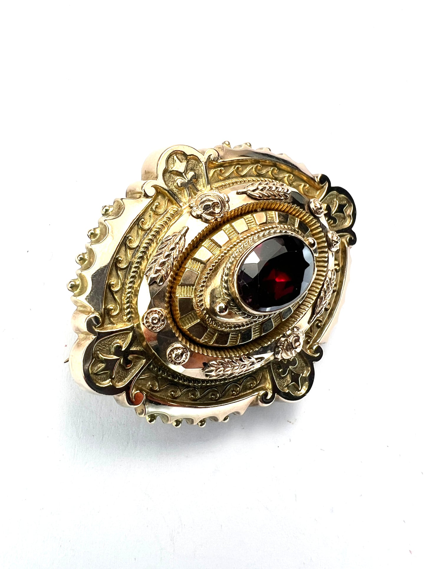 Large Victorian Gold Garnet Etruscan Revival Locket Brooch