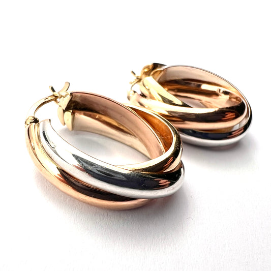 Vintage Three Colour 9CT Gold Hoop Earrings