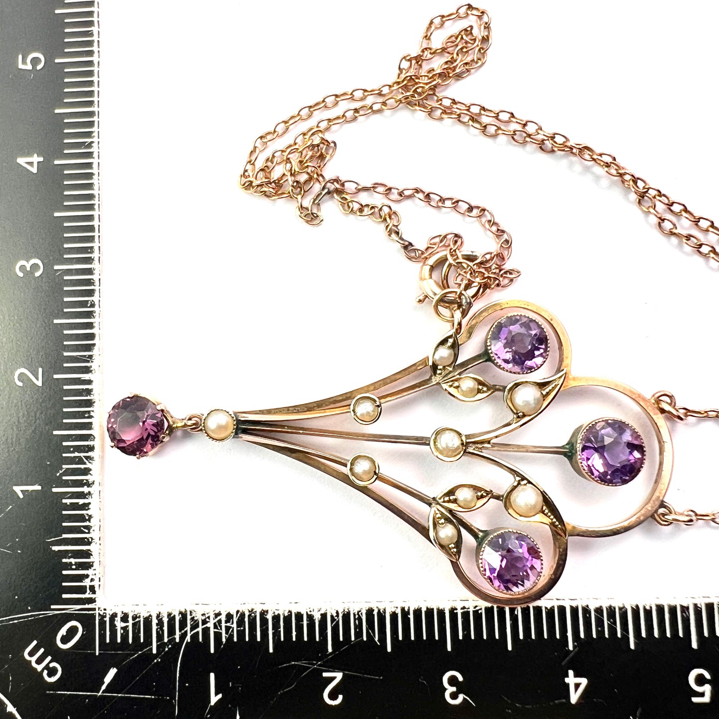 Large Edwardian 9CT Gold Amethyst and Pearl Necklace