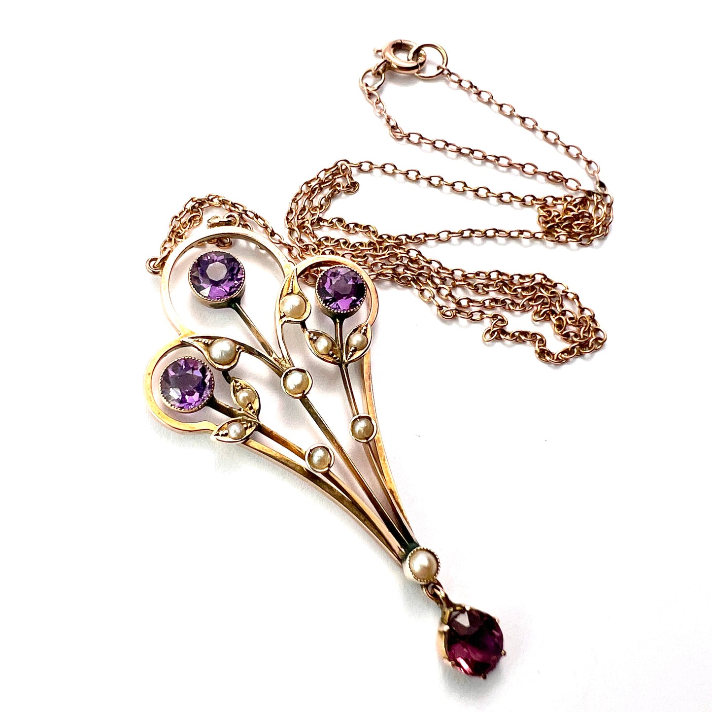 Large Edwardian 9CT Gold Amethyst and Pearl Necklace