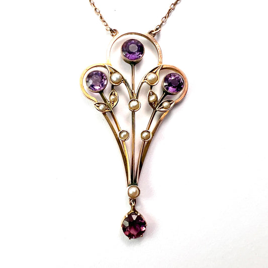 Large Edwardian 9CT Gold Amethyst and Pearl Necklace
