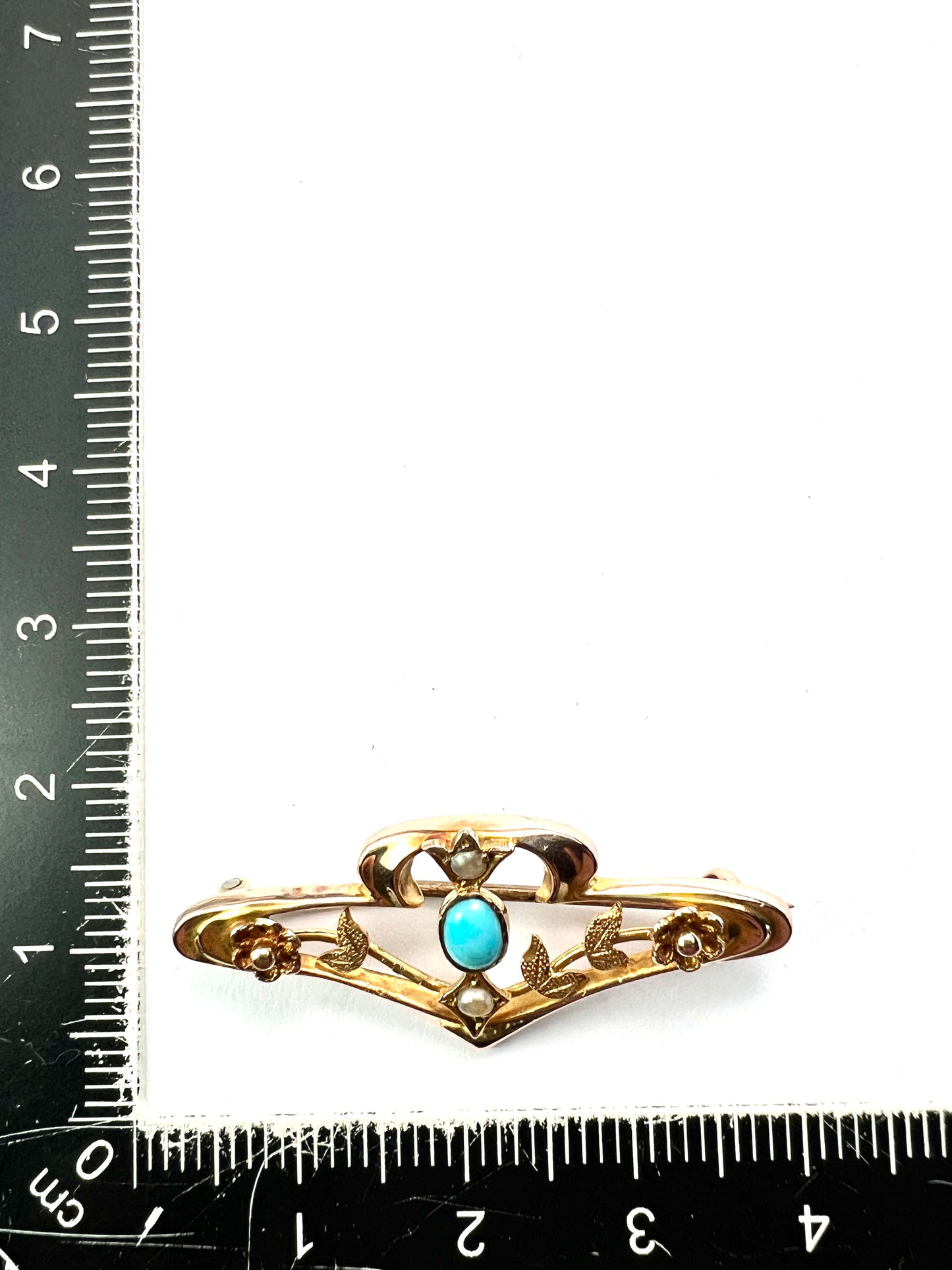 Edwardian 9CT Gold Turquoise Pearl Floral Brooch