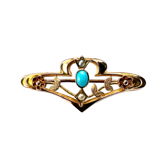 Edwardian 9CT Gold Turquoise Pearl Floral Brooch