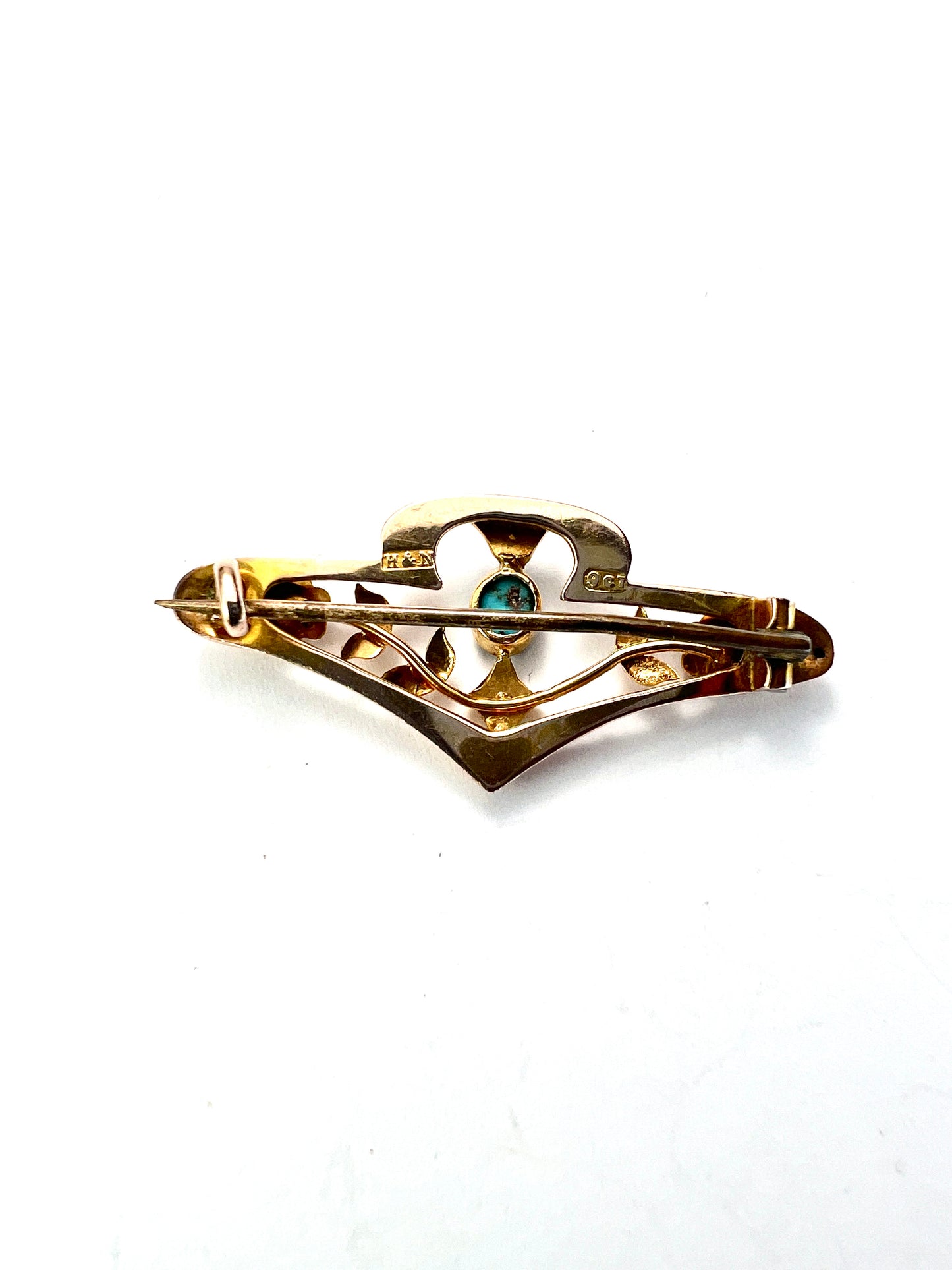 Edwardian 9CT Gold Turquoise Pearl Floral Brooch