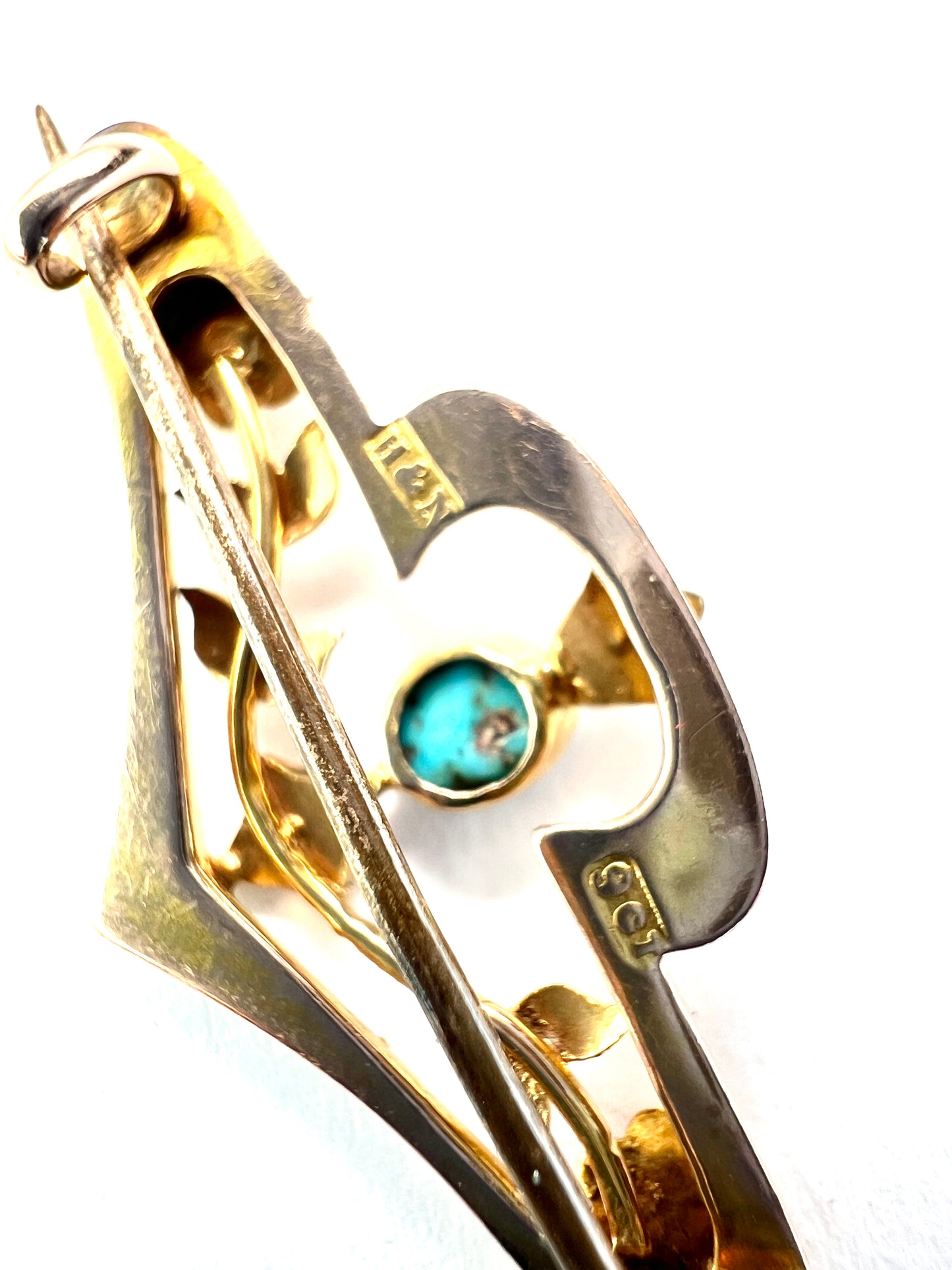 Edwardian 9CT Gold Turquoise Pearl Floral Brooch