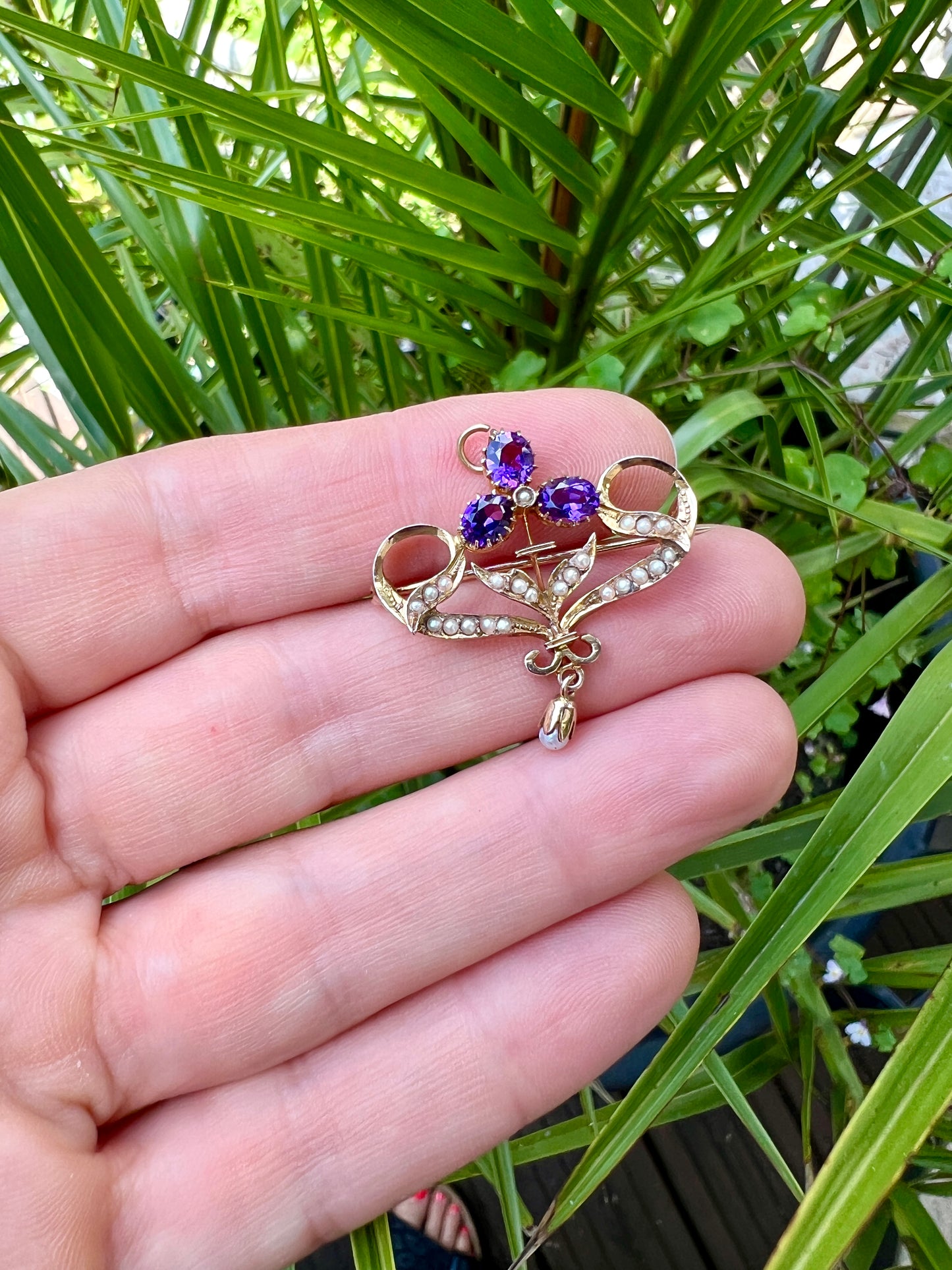 Edwardian 9CT Gold Amethyst Pearl Brooch/Pendant with Drop