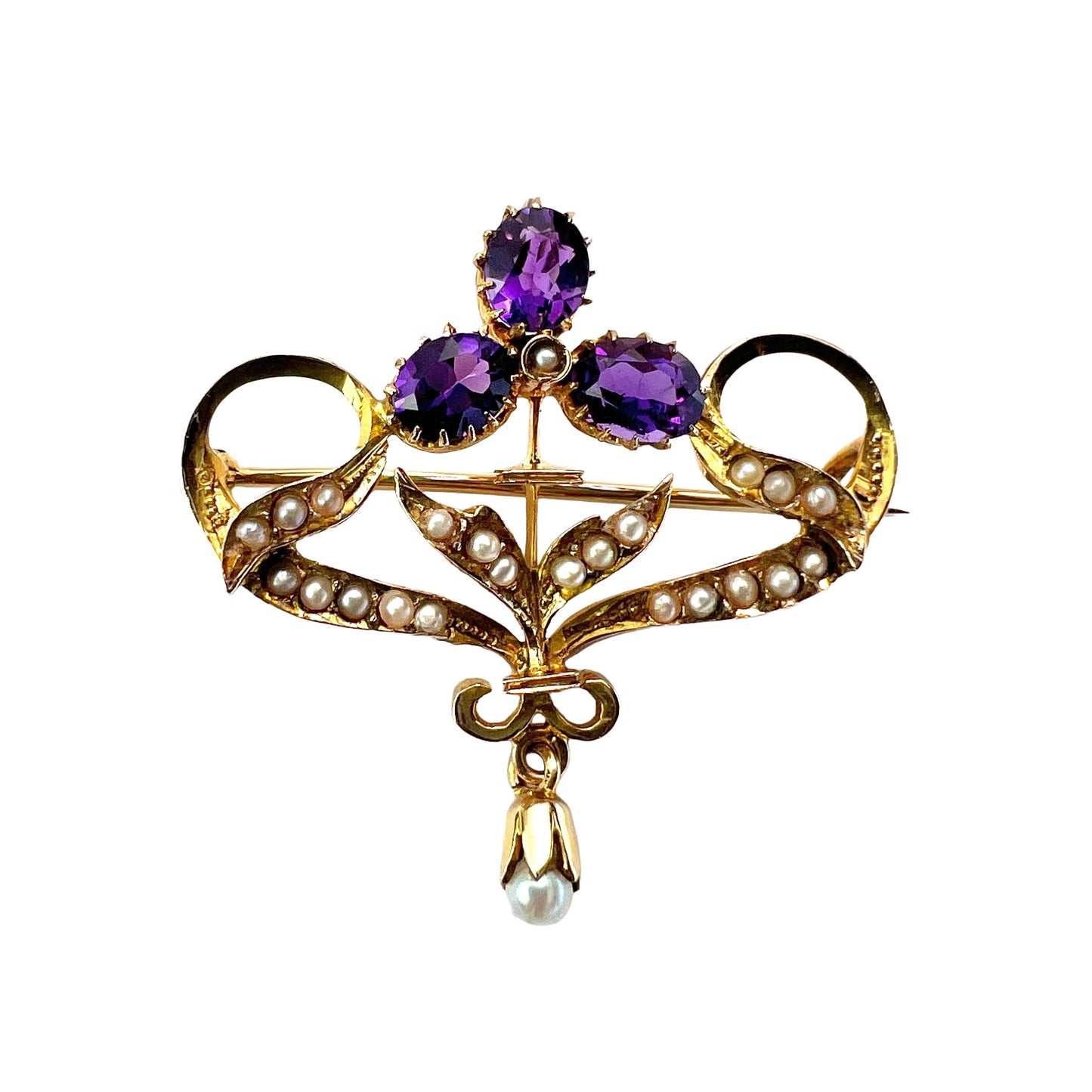 Edwardian 9CT Gold Amethyst Pearl Brooch/Pendant with Drop