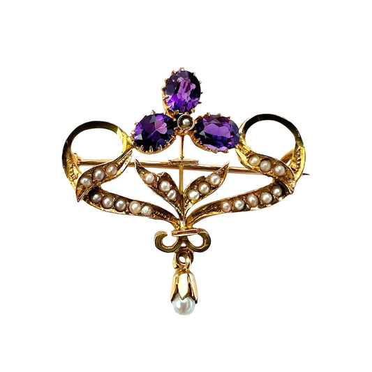 Edwardian 9CT Gold Amethyst Pearl Brooch/Pendant with Drop