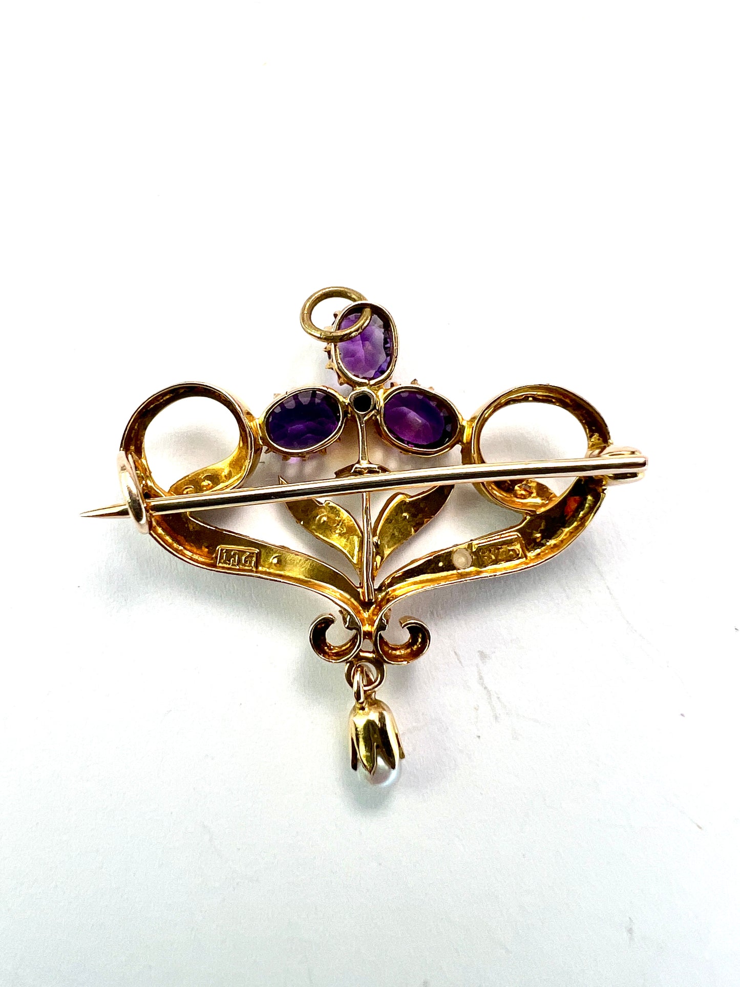 Edwardian 9CT Gold Amethyst Pearl Brooch/Pendant with Drop