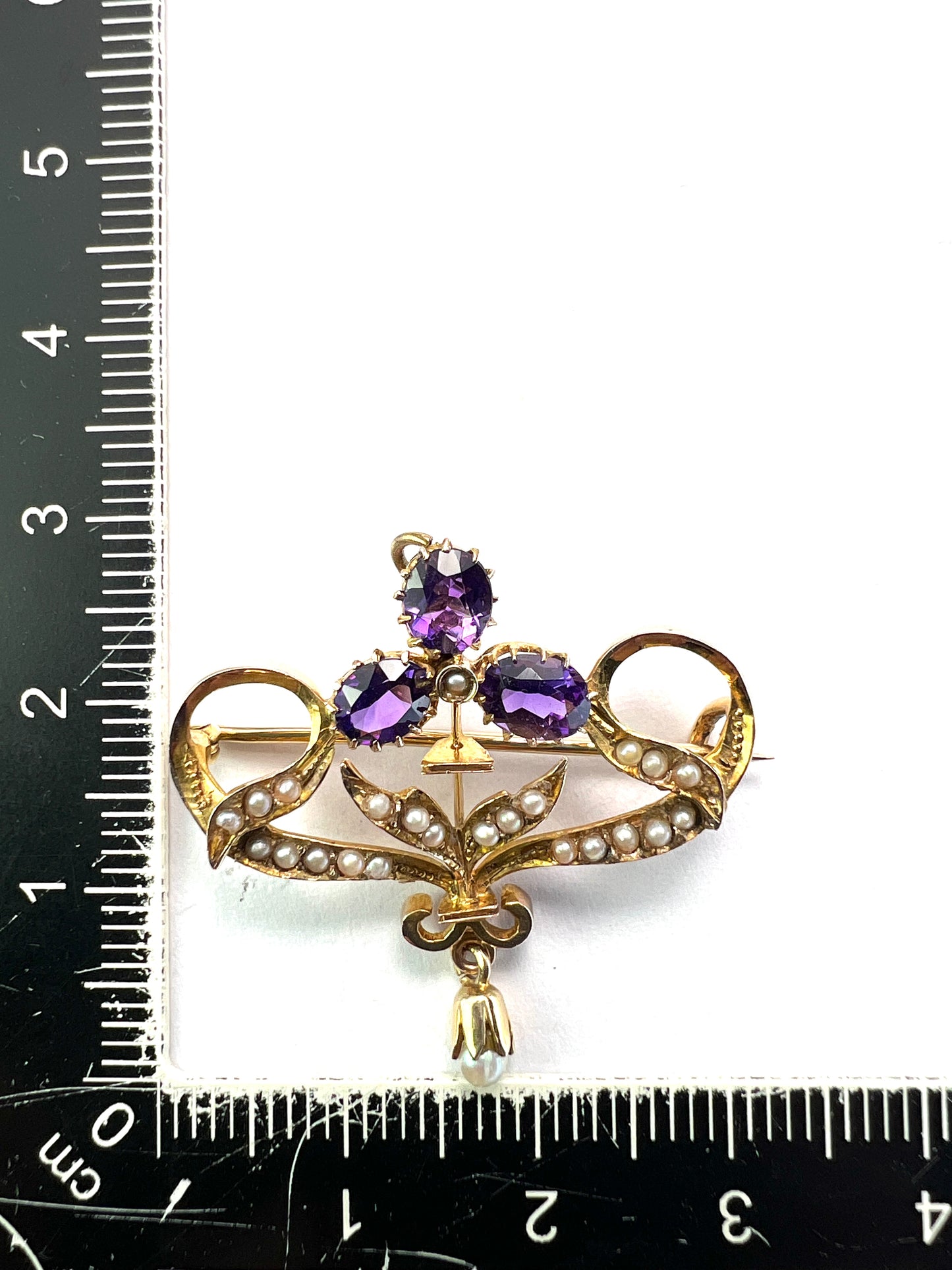 Edwardian 9CT Gold Amethyst Pearl Brooch/Pendant with Drop