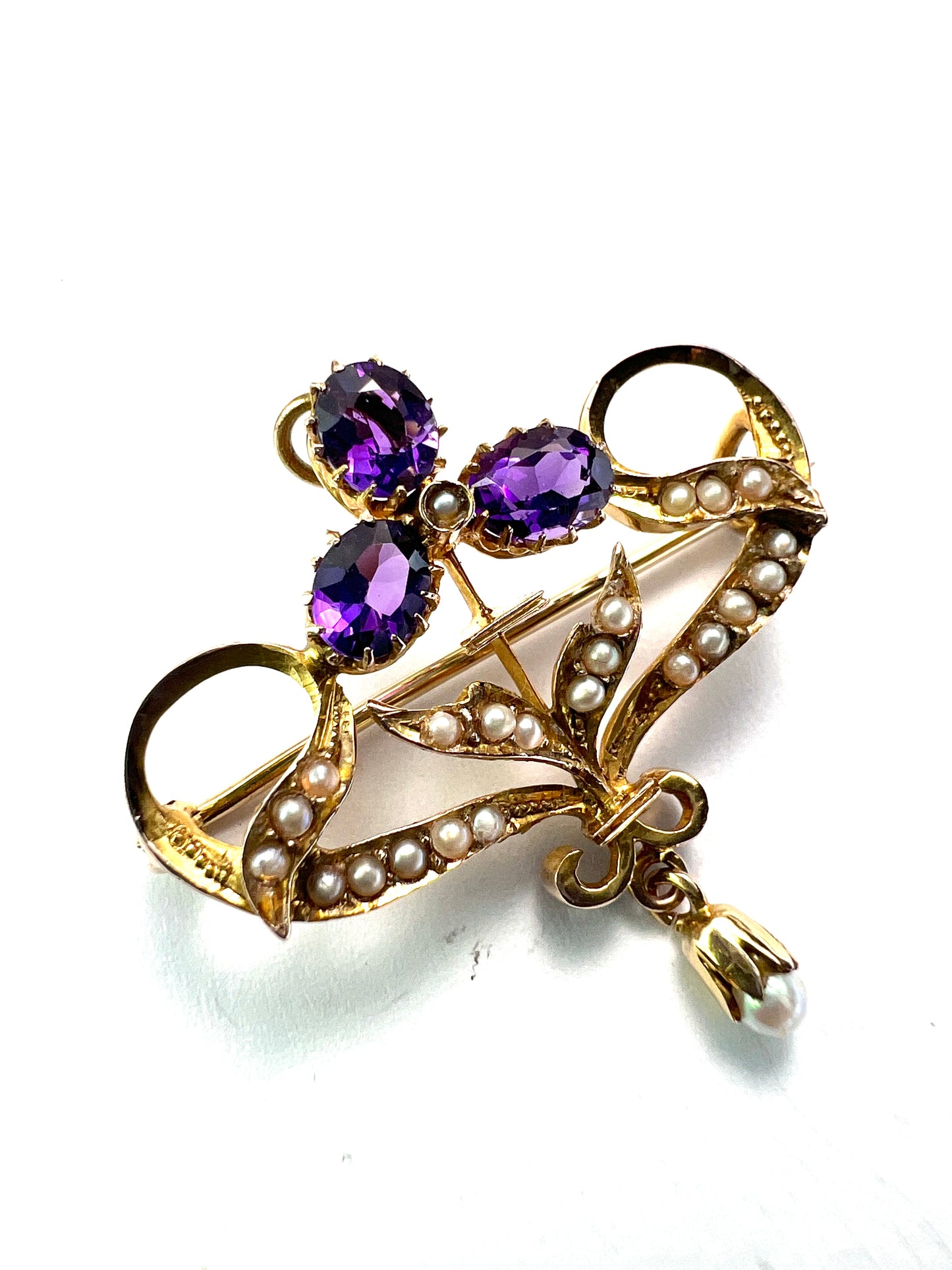 Edwardian 9CT Gold Amethyst Pearl Brooch/Pendant with Drop