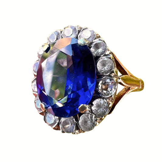 Antique Sapphire Gold and Silver Halo Ring