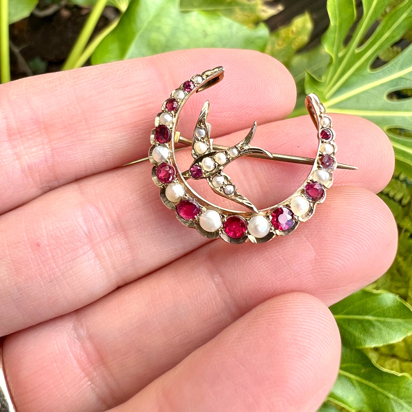 Antique Ruby and Pearl 9CT Gold Swallow and Crescent Brooch