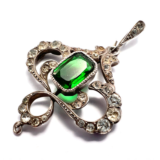 Art Nouveau Edwardian Silver Emerald Paste Pendant