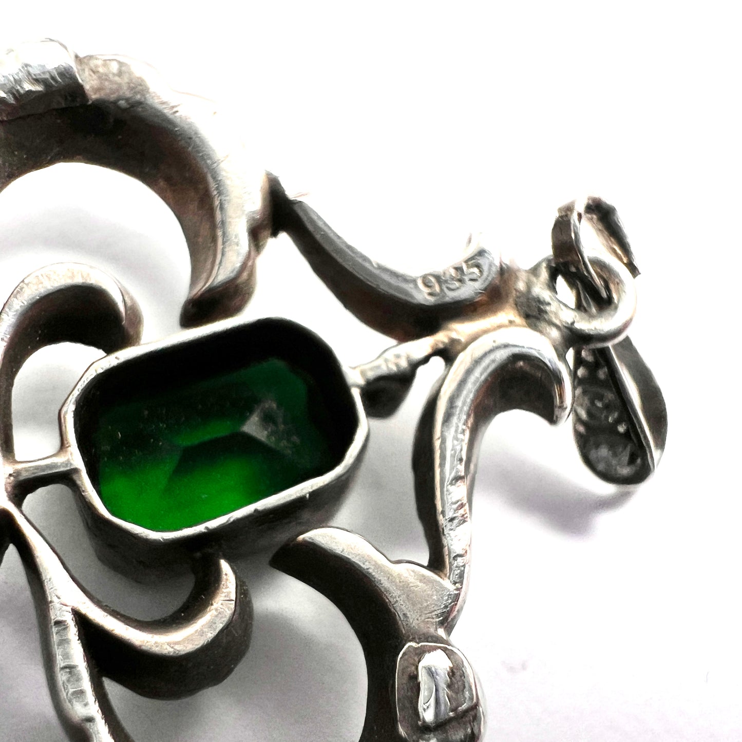 Art Nouveau Edwardian Silver Emerald Paste Pendant