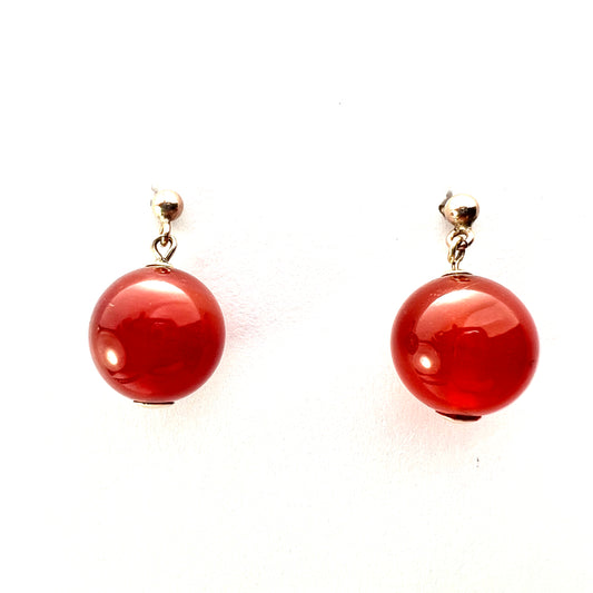 Vintage Solid 9CT Gold Cornelian Ball Earrings