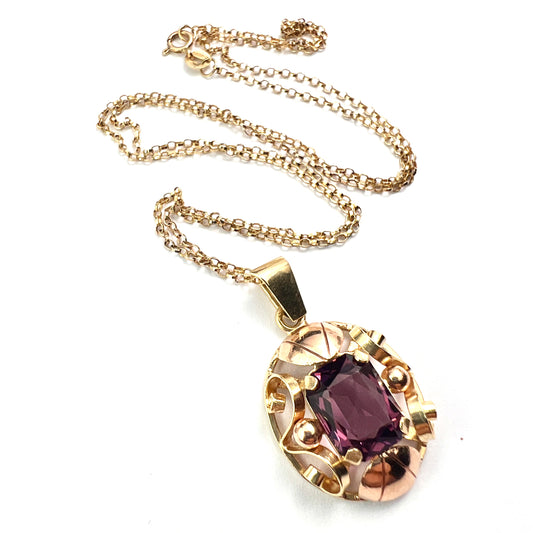 1940s 14CT Amethyst Paste Gold Pendant Necklace