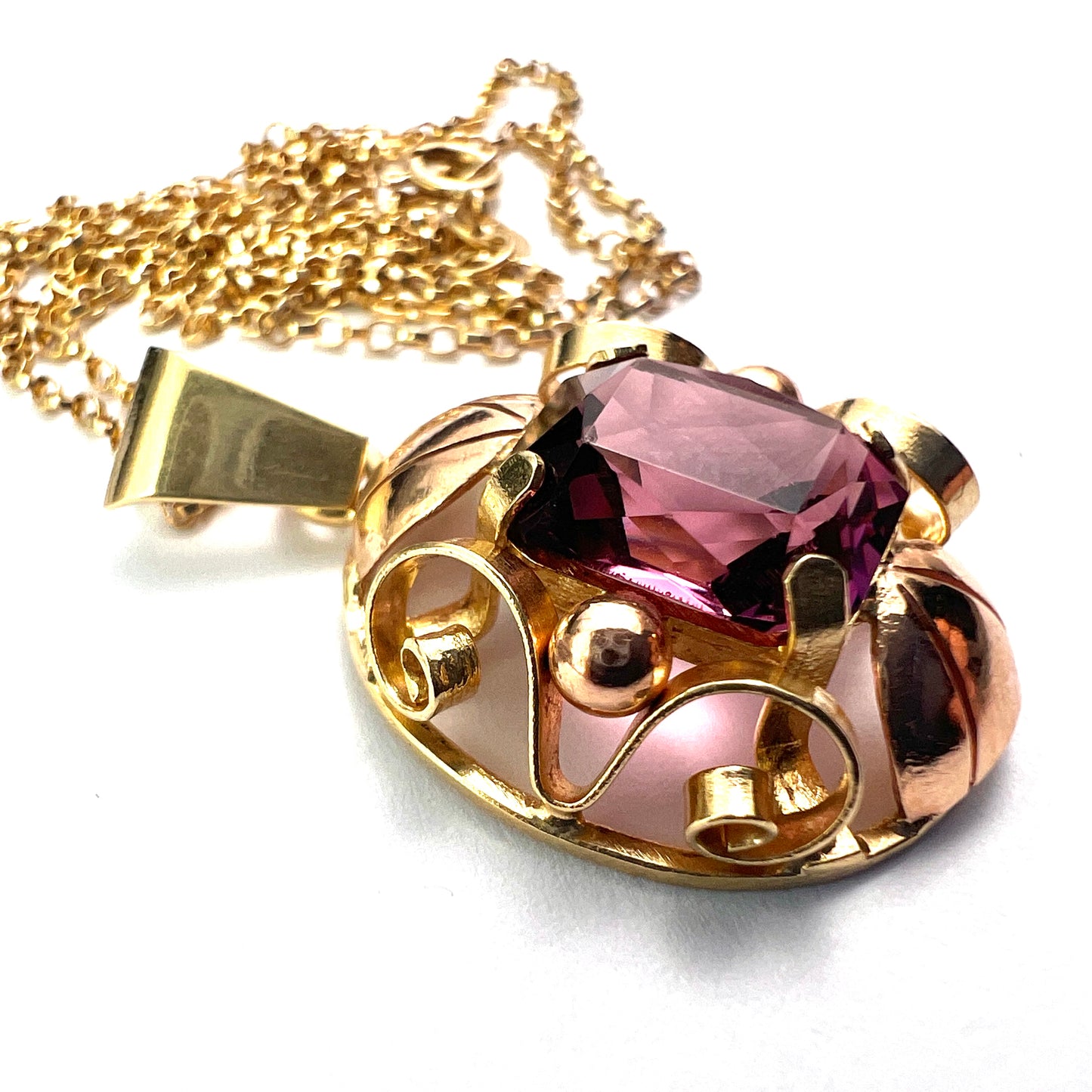 1940s 14CT Amethyst Paste Gold Pendant Necklace