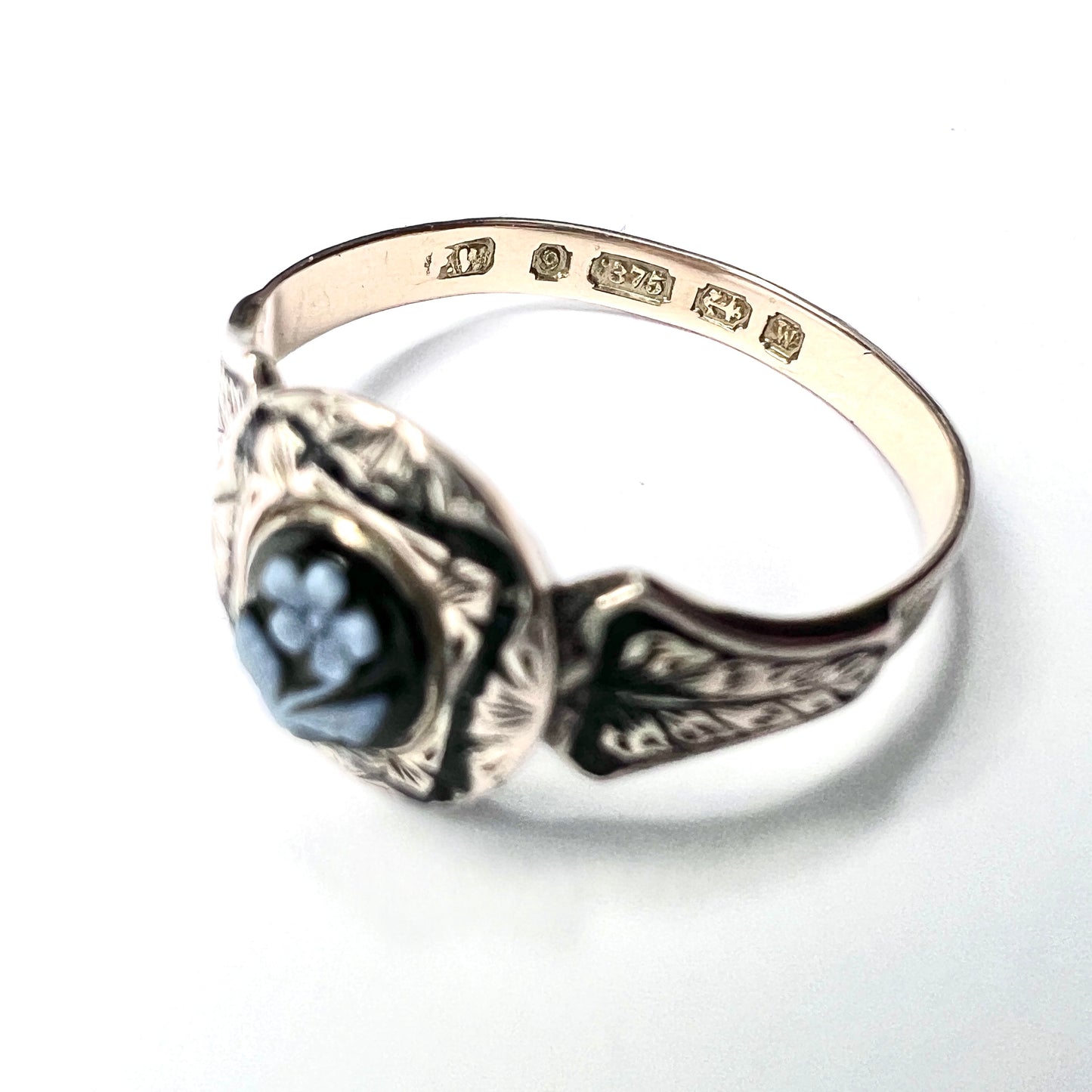 Victorian 9CT Gold Enamel Forget Me Not Memorial Ring